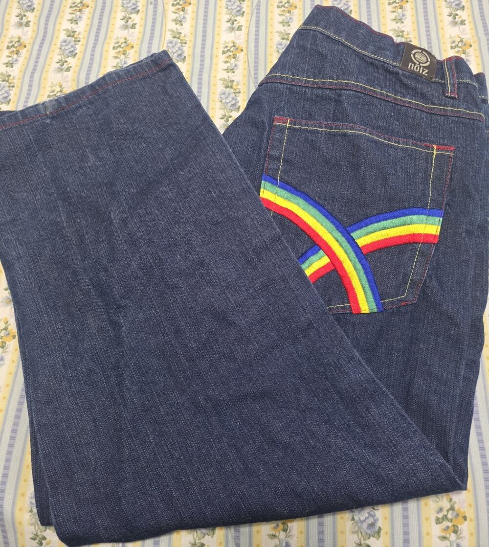 Vintage Noiz Jeans Baggy Wide Leg Jeans 40 Rainbow Embroidered Pride Dark Wash